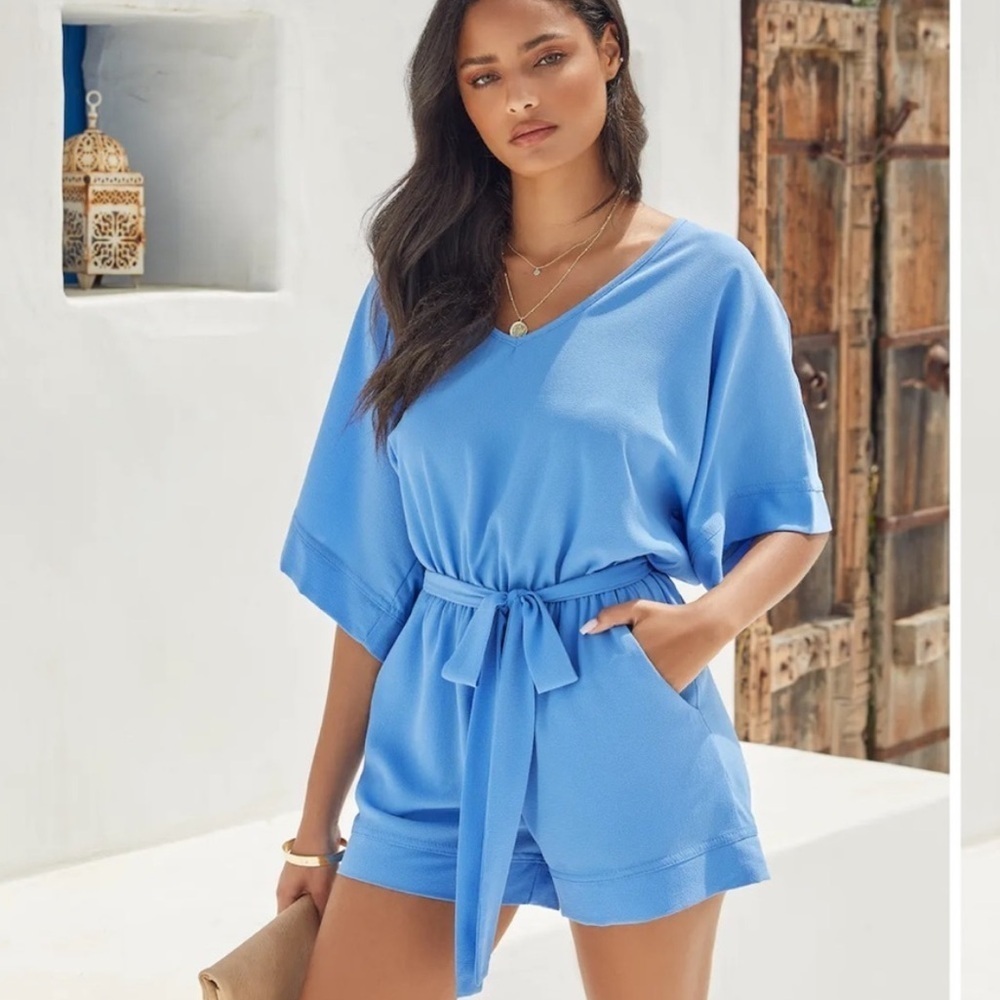 Vici Blue Spring Scene Pocketed Tie Romper (Med)